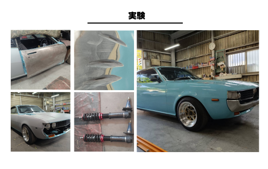 Collage of a vintage car restoration: blue classic car in a workshop, plus close-ups of door panel, wheel, suspension, and chassis components.